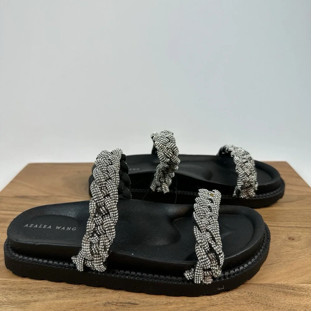 New NWOB‎ Azalea Wang Nikolina Braided Rhinestone Platform Slides Sandals Size 7